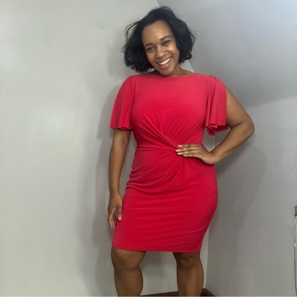 Ralph Lauren coral red bodycon midi dress short sleeve business casual everyday - Picture 3 of 16